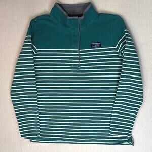 LL Bean Shirt Women Size M Blue Green White Stripe Rugby Henley 4 Button Placket